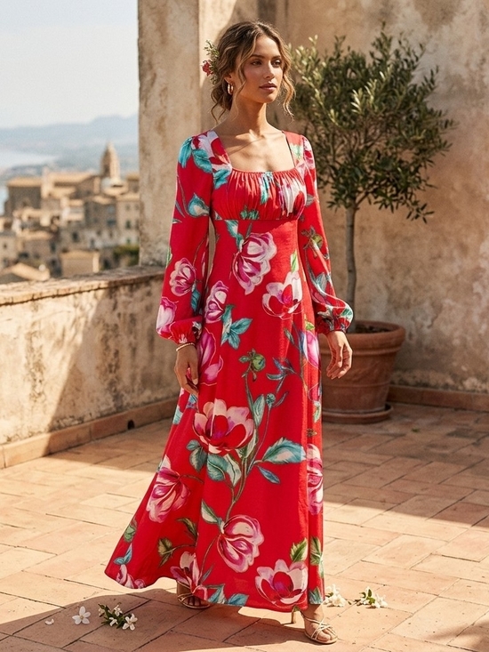 Icone Dresses & Skirts - Icone Floral Red Maxi Dress with Long Sleeves Size Small